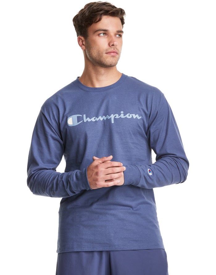 Champion Classic Long-Sleeve Script Logo Erkek Tişört Mavi ( EYZKAB608 )